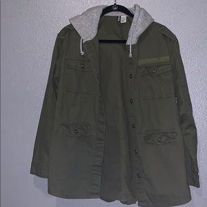 Army green utility jacket with hoodie